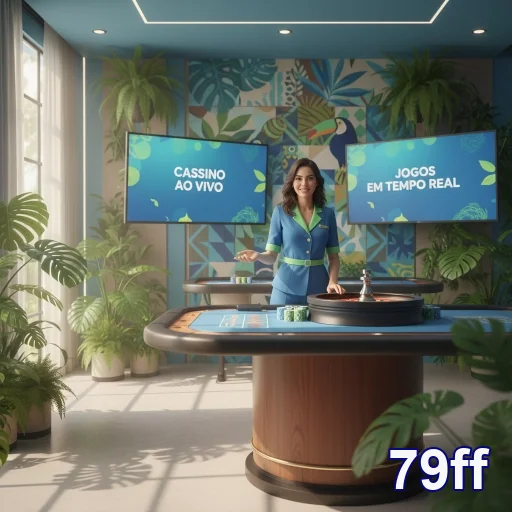 Imagem de um cassino ao vivo com dealers e mesas de jogo.